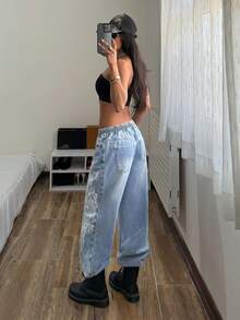 StreetHx Women's Gothic Pattern Drawstring Waist Pockets Wide Leg Loose Casual Jeans - Light Wash - View 2