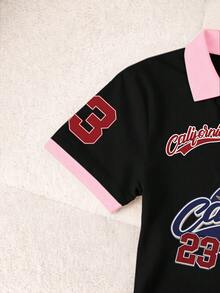 Rovax 女士休闲时尚街头风日常通勤字母、数字、星星印花撞色包边V领短袖T恤，夏季 - 黑色 - 查看 5