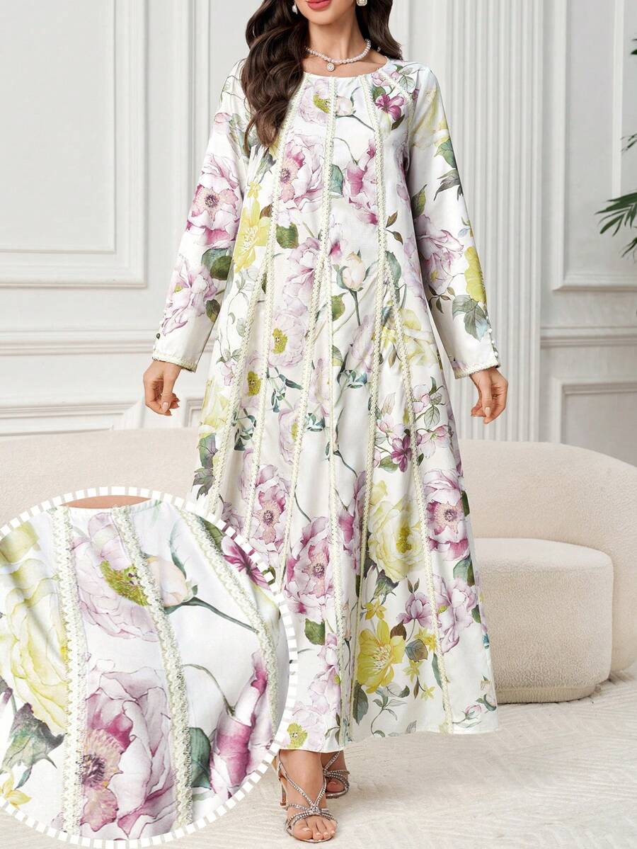Yasmyna Women's Floral Print Elegant Long Sleeve Arabic Dress - Multicolor - View 1