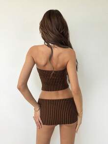 SHEIN ICON Black & White Striped Casual Halter Neck Crop Top And Mini Low Waist Skirt 2 Pieces Set - Brown - View 2