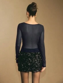 Poéselle 女款純色垂領長袖修身亮面T恤 - 藏蓝色 - 查看 5