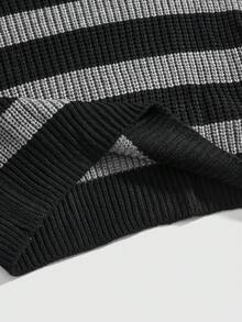 ROMWE Grunge Punk Y2K Casual All-Match Versatile Retro Punk Black & Grey Striped Turtleneck Lantern Sleeve Sweater