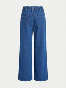 Sweetra 女士时尚休闲弹力腰宽松阔腿牛仔裤 - 中等水洗藍 - 查看 2