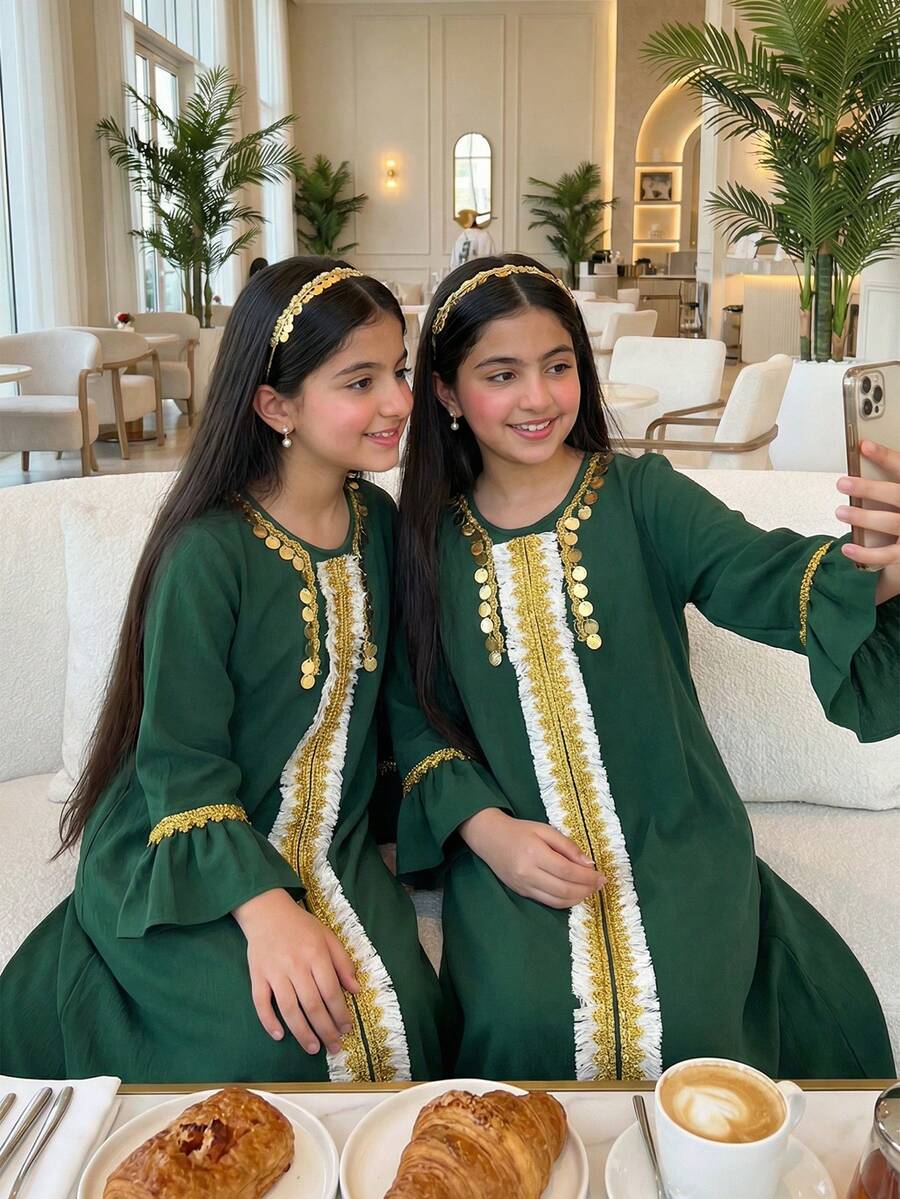 Elegant Floral Trim Dress For Tween Girls Fashionable, Luxurious, Versatile White Dress With Sophisticated Pattern - Dark Green - View 1