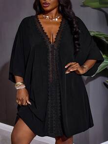 SHEIN CURVE+ Curve 尺码 US22 音乐节、海滨度假、波西米亚风女士度假纯色撞色蕾丝蝙蝠袖连衣裙 - 黑色 - 查看 2