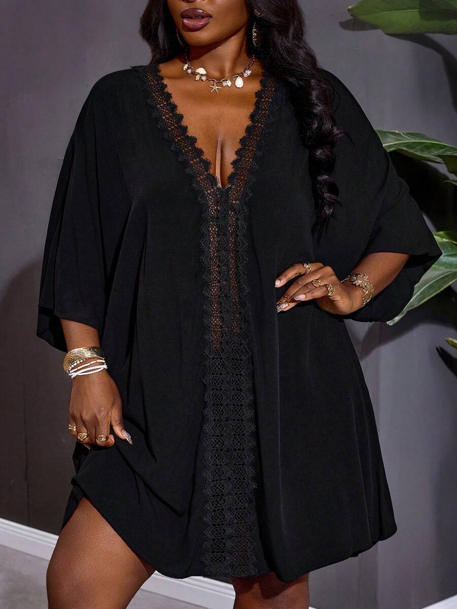 SHEIN CURVE+ Curve 尺码 US22 音乐节、海滨度假、波西米亚风女士度假纯色撞色蕾丝蝙蝠袖连衣裙