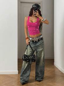 StreetHx Women's Street Style Rhinestone Ruched Fitted Cropped Tank Top - Pink - View 4