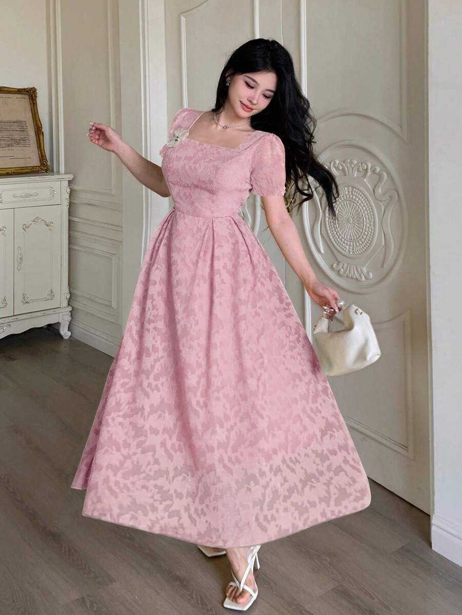 Modelyn 女士3D立体花卉装饰镂空腰部喇叭连衣裙 - 粉色 - 查看 1