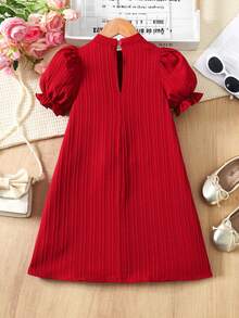 SHEIN 少女红色泡泡袖可爱大蝴蝶结A字连衣裙，优雅时尚，百搭实用，适合派对、郊游、姐妹合照、公园、露营、度假、日常休闲穿着。