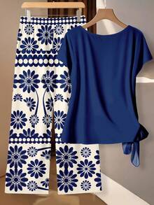 SHEIN Clasi Conjunto de 2 piezas de blusa con lazo y pantalones de pierna recta para mujer - Multicolor - Ver 2