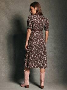 WESTFADE 碎花蕾丝V领泡泡袖中长吊带裙，适合春季、度假、夏季、春假、节日、休闲、可爱、波西米亚风、纳什维尔乡村音乐会、西部牛仔风等场合。 - 棕色 - 查看 3