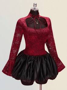 SHEIN ICON 女士加大码复古性感优雅千禧风 Y2K 情人节：高领系带镂空喇叭长袖酒红色蕾丝修身上衣 - 酒紅色 - 查看 6