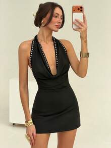 Aloruh Vestido mini de mujer con escote pronunciado y espalda descubierta, de verano - Negro - Ver 5