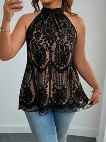 EMERY ROSE Blus Ukuran Plus Elegan Gaya Prancis dengan Kain Renda dan Lapisan Kontras, Kerah Tinggi, Atasan Tank Top Transparan Leher Halter untuk Wanita, Cocok untuk Acara Malam Musim Panas di Klub. - Hitam - View 4