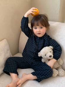 DAZY 女婴格子印花长袖衬衫和宽松长裤睡衣套装（2件套） - 藏蓝色 - 查看 3