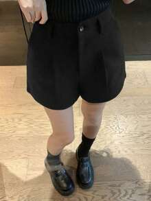 DAZY 女士纯色休闲宽松羊毛混纺短裤，秋冬季 - 黑色 - 查看 2
