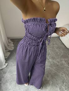 Elenzga 女士夏季休闲条纹抹胸连体裤 - 随机花卉图案 - 彩色 - 查看 6