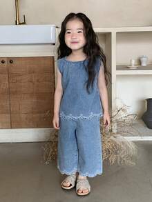 DAZY 2件套女婴水洗浅色韩版衬衫和宽松休闲牛仔裤套装 幼儿女童服装 - 藍色 - 查看 3