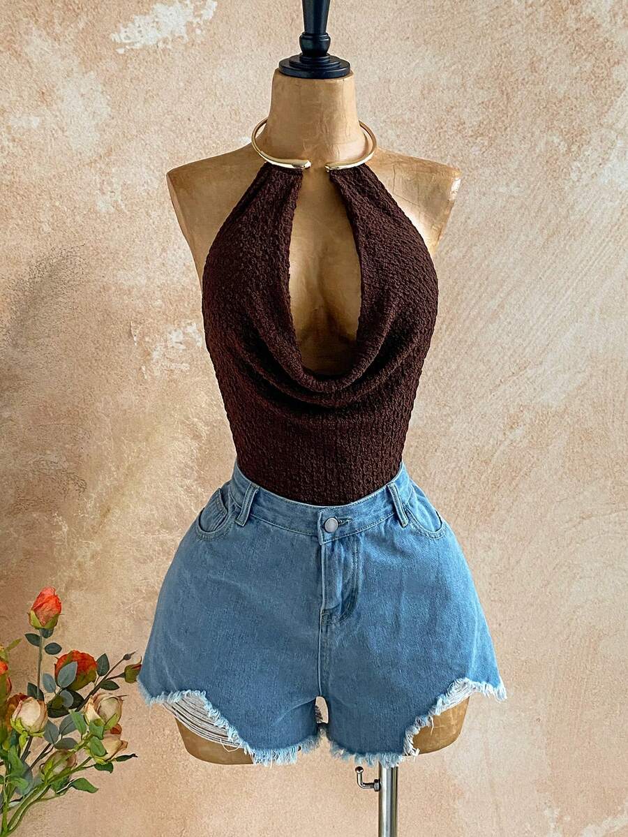 Soleia Brown Plunging Neckline Metal Choker Bodysuit For Women - Brown - View 1