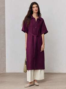 ZEYLAH 100%亚麻衬衫领宽松系带长连衣裙，春季 - 酒紅色 - 查看 4