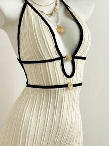 Elamini 女士杏色提花深V领露背修身休闲度假长裙 - 杏色 - 查看 6