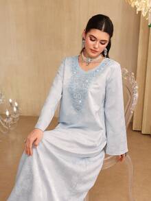 Al Najma 提花纹理串珠领优雅宽松长袖连衣裙 - 藍色 - 查看 7