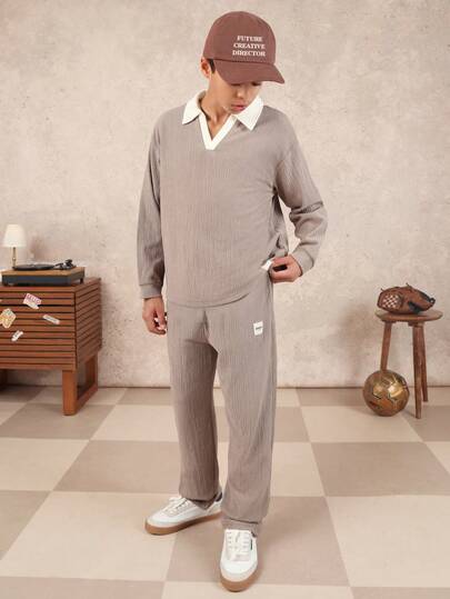 SUMWON Boys Ribbed Knit Polo Sweater And Matching Trouser Set With Contrast Collar Long Sleeve Autumn Winter Coordination Outfit