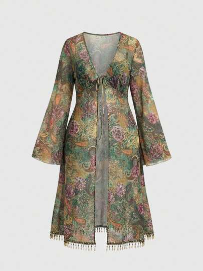 Cárdigan bohemio de talla grande con estampado de paisley, flecos con cuentas de madera transparentes y estilo retro hippie para festivales de música