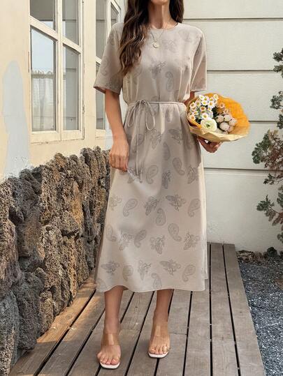 Vivie Lora Women's Cashew Flower Print Short Sleeve Mid-Length Dress Maxi Dress