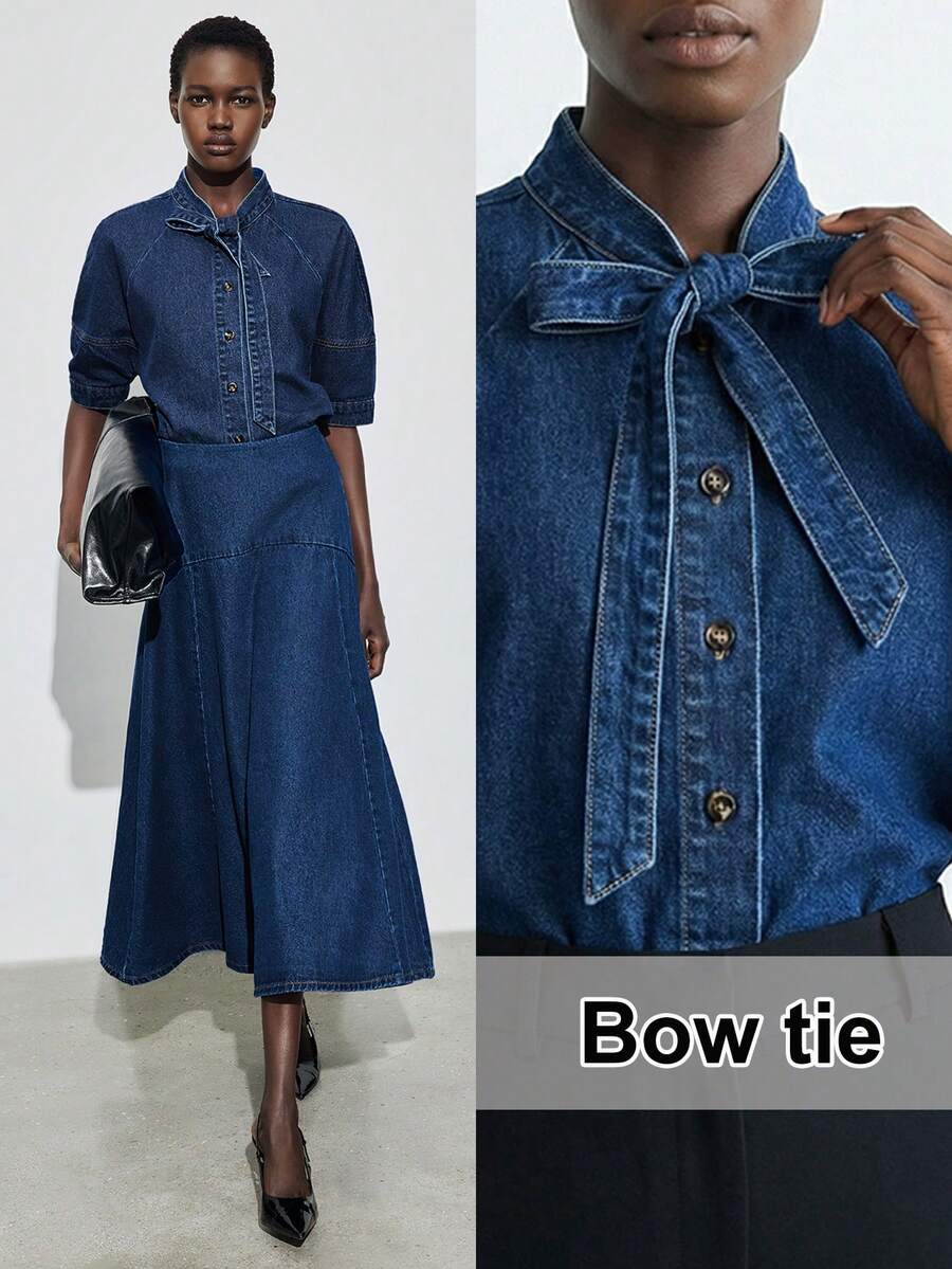 Maija 女士打结领插肩短袖单排扣休闲牛仔衬衫 - 中等水洗藍 - 查看 1