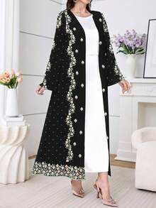 Al Najma 一件舒适保守的长款睡袍，传统复古印花连衣裙/碎花连衣裙，适合女性日常穿着、约会、休闲、派对、节日等场合。女士连衣裙，植物复古印花连衣裙，黑色连衣裙 - 黑色 - 查看 5