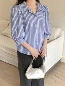 Teen Girls Blue & White Striped Collared Loose Lantern Sleeve Blouse, Casual Sweet Style For Spring, Summer, Autumn Blouses Teen Preppy Shirt Striped Shirt Collar Shirt Striped Blue Shirt Girl Collar Shirt - Blue and White - View 6