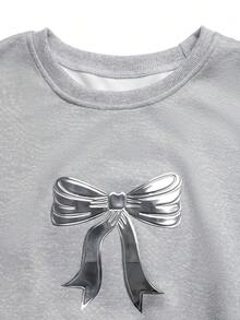 SHEIN LUNE 女士休闲日常通勤百搭蝴蝶结图案落肩宽松圆领卫衣，春秋季 - 灰色 - 查看 3