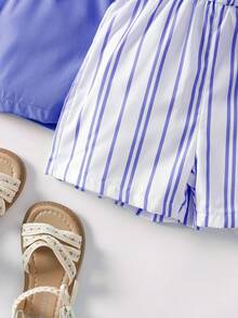 SHEIN Elladie kids Combinaison décontractée pour jeune fille avec motifs floraux, rayures et couleurs unies - Bleu azur - Voir 3