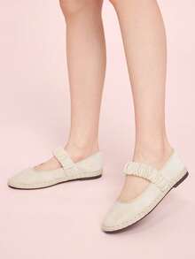 CUCCOO DOLLMOD Giày bệt nữ màu cam sáng, thanh lịch, cổ điển, thoải mái, xếp ly, kiểu Mary Jane bằng nhung. - Hoa lớn - trắng gạo / be 240 - Xem 5