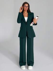 EURMUSE Bộ quần áo hai mảnh màu trơn dành cho nữ, gồm áo blazer và quần dài. - Màu xanh lá cây đậm - Xem 1