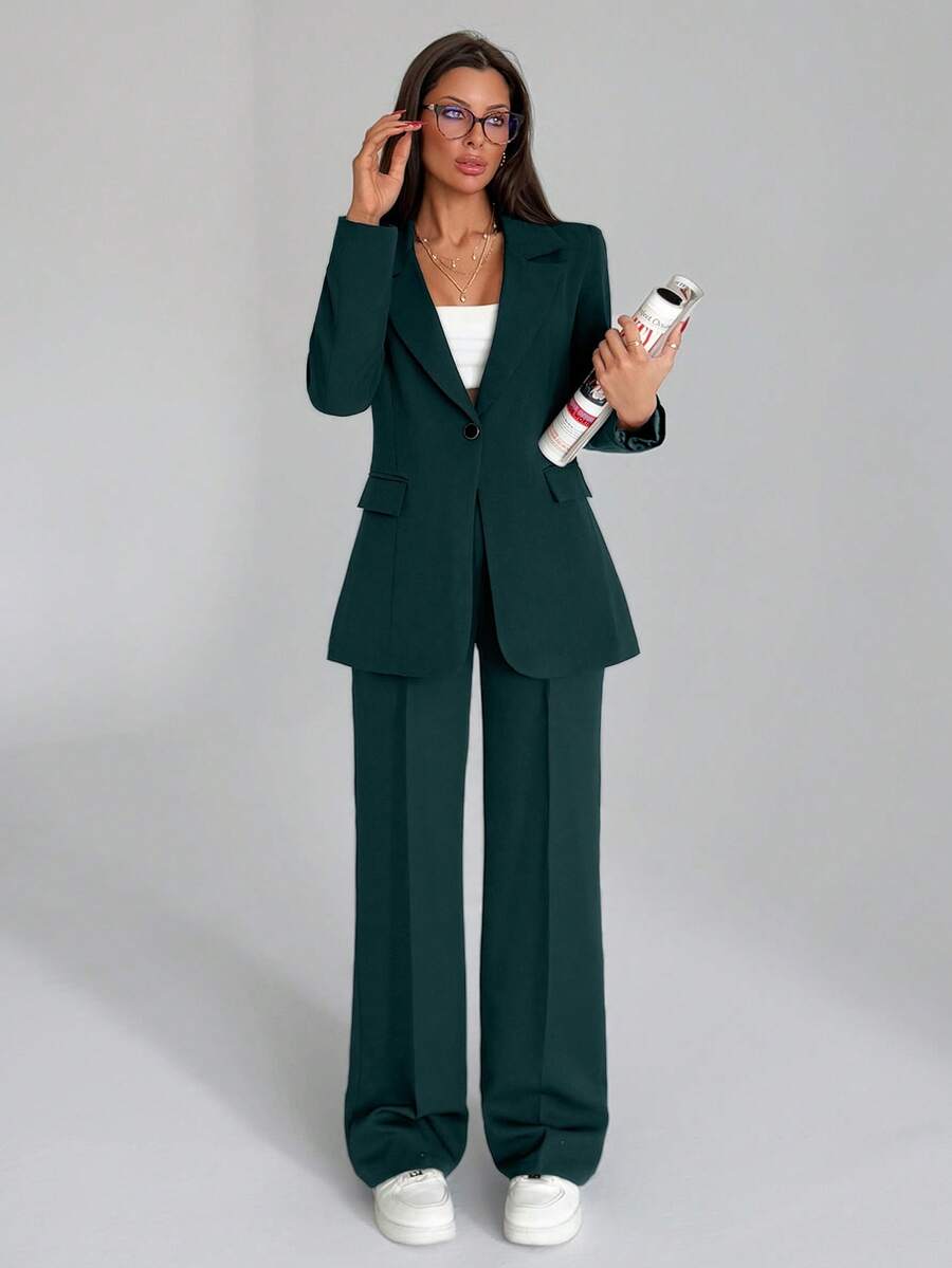 EURMUSE Bộ quần áo hai mảnh màu trơn dành cho nữ, gồm áo blazer và quần dài. - Màu xanh lá cây đậm - Xem 1