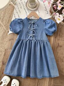 LMoss Kids 女童蓝色牛仔泡泡袖蝴蝶结连衣裙 - 淺色水洗藍 - 查看 3