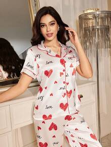 LuxeNights 爱心图案仿丝绸印花短袖睡衣套装 - 紅色 - 查看 3