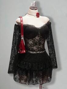 SHEIN ICON Plus Size Retro Black Autumn Formal Goth Evening Night Out Club Y2K Outfit,Off-The-Shoulder Lace Trim Semi-Sheer Long-Sleeved Top & Ruffled Skirt Set - Black - View 6