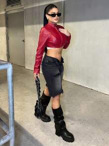 Dayanna Comas 女士秋冬街头服饰 狂欢嬉皮运动休闲 Y2K 基本款皮革舒适拉链勃艮第红色修身短款长袖夹克 - 紅色 - 查看 3