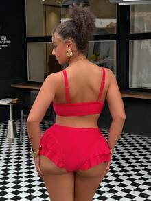 Swim Vcay Conjunto de Maiô Vermelho Sólido com Cordão Ajustável e Plus Size, Novidade de Verão 2026 - Vermelho - Visão 2
