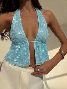 Aloruh Áo hai dây cổ yếm đính sequin hở lưng gợi cảm kiểu Bohemian dành cho nữ, thích hợp cho các lễ hội âm nhạc mùa hè. - Màu xanh lam - Xem 6