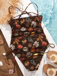 Swim Vcay 女士夏季海星随机印花抹胸侧抽绳连体泳衣，适合海滩和度假 - 彩色 - 查看 6