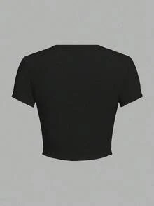 Slaydiva 春夏新款黑色休闲简约女式露脐T恤/Y2K/街头风/夜店/性感/适合夏季/返校/外出/嘻哈/俱乐部/网络爆款同款/情人节/“我爱我自己（男人）”真水钻/烫钻工艺时尚单品 - 黑色 - 查看 3