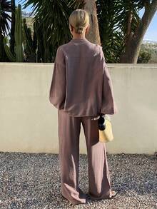 Livesso 2pcs Women Casual Lace-Up V-Neck Top And Pants Set - Rust Brown - View 2