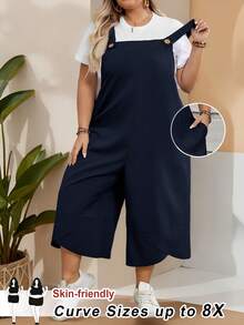 SHEIN CURVE+ Overall Hitam Wanita Ukuran Besar dengan Tali Bahu yang Dapat Diatur, Penutup Kancing, dan Saku di Bagian Kaki yang Terbelah untuk Musim Semi - Navy Blue - View 1