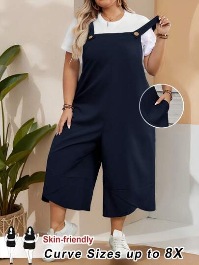 SHEIN CURVE+ Große Größen Damen Schwarze Latzhose mit verstellbaren Trägern, Knopfverschluss und Taschen an den gespaltenen Beinen für den Frühling