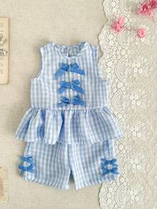 SHEIN Baby Girl Plaid Bow Decor Ruffle Hem Sleeveless Top And Shorts Cute Set - Baby Blue - View 3