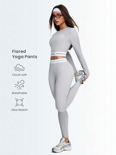 Eassivo Eassivo 2pcs Workout Sets,Women's Light Grey Seamless Workout Set, Long Sleeve Crop Top And High Waist Leggings, Elastic Waist Activewear, Stretchy Yoga Fitness Outfit,2 Piece Active Wear,Athleisure Wear Set